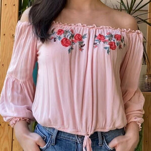 Hollister Floral Embroidered Off Shoulder Boho Top